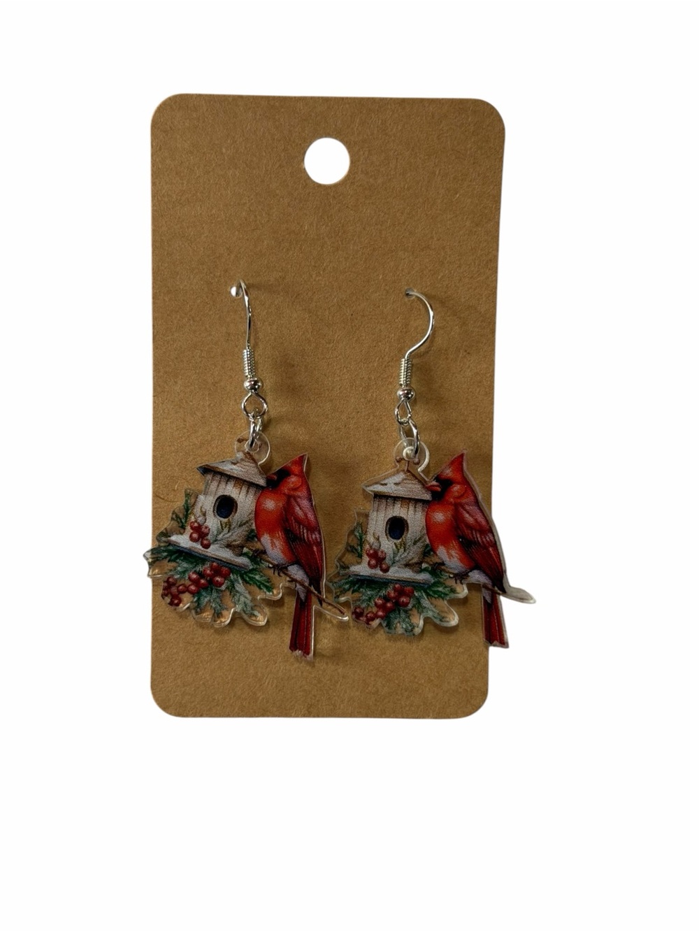 Red Cardinal Birdhouse Dangle Earrings - Festive Nature Design